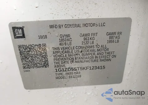 2019 Chevrolet Malibu Lt z USA, uszkodzony, nr VIN 1G1ZD5ST5KF123415